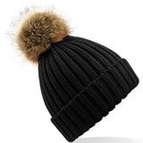 Kids Faux Fur Pom Chunky Beanie - Black