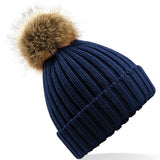 Kids Faux Fur Pom Chunky Beanie - Navy