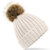 Kids Faux Fur Pom Chunky Beanie - Oatmeal