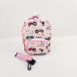 Girls Mini Pink Personalised Farm and Tractor Print Backpack with Reins