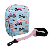 Girls Mini Blue and Pink Personalised Tractor Print Backpack with Reins